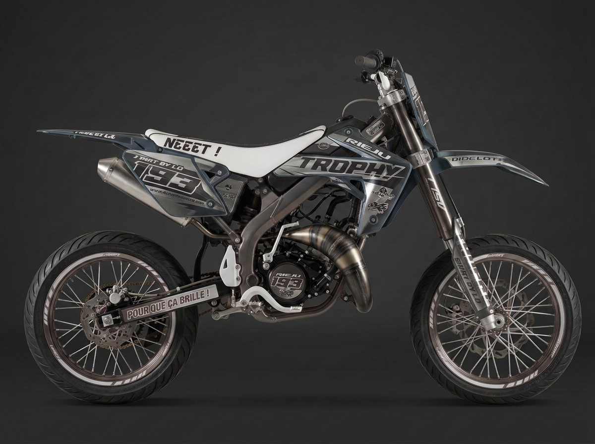 Kit déco Shark posé sur une moto 50cc supermotard, vue de profil