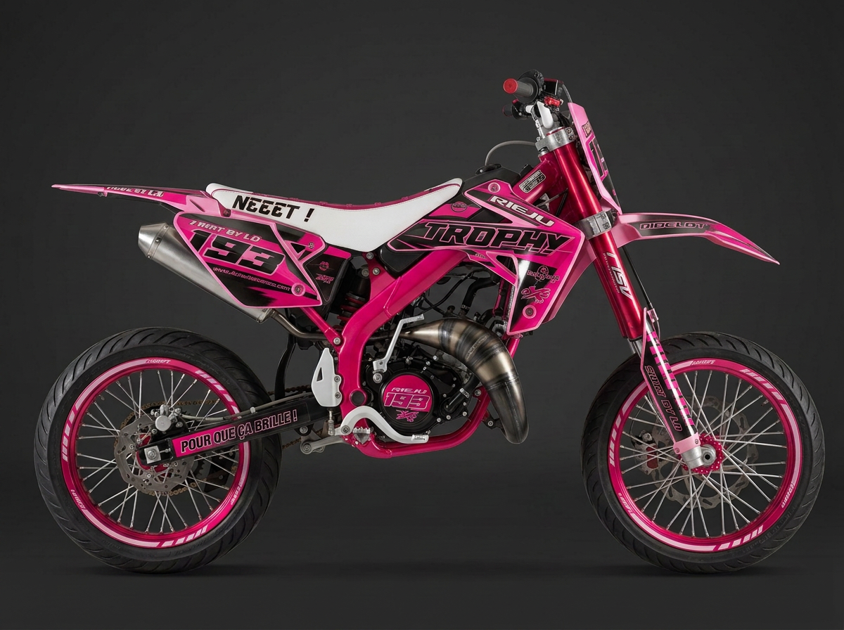 Kit déco Pink Attack posé sur une moto 50cc supermotard, vue de profil