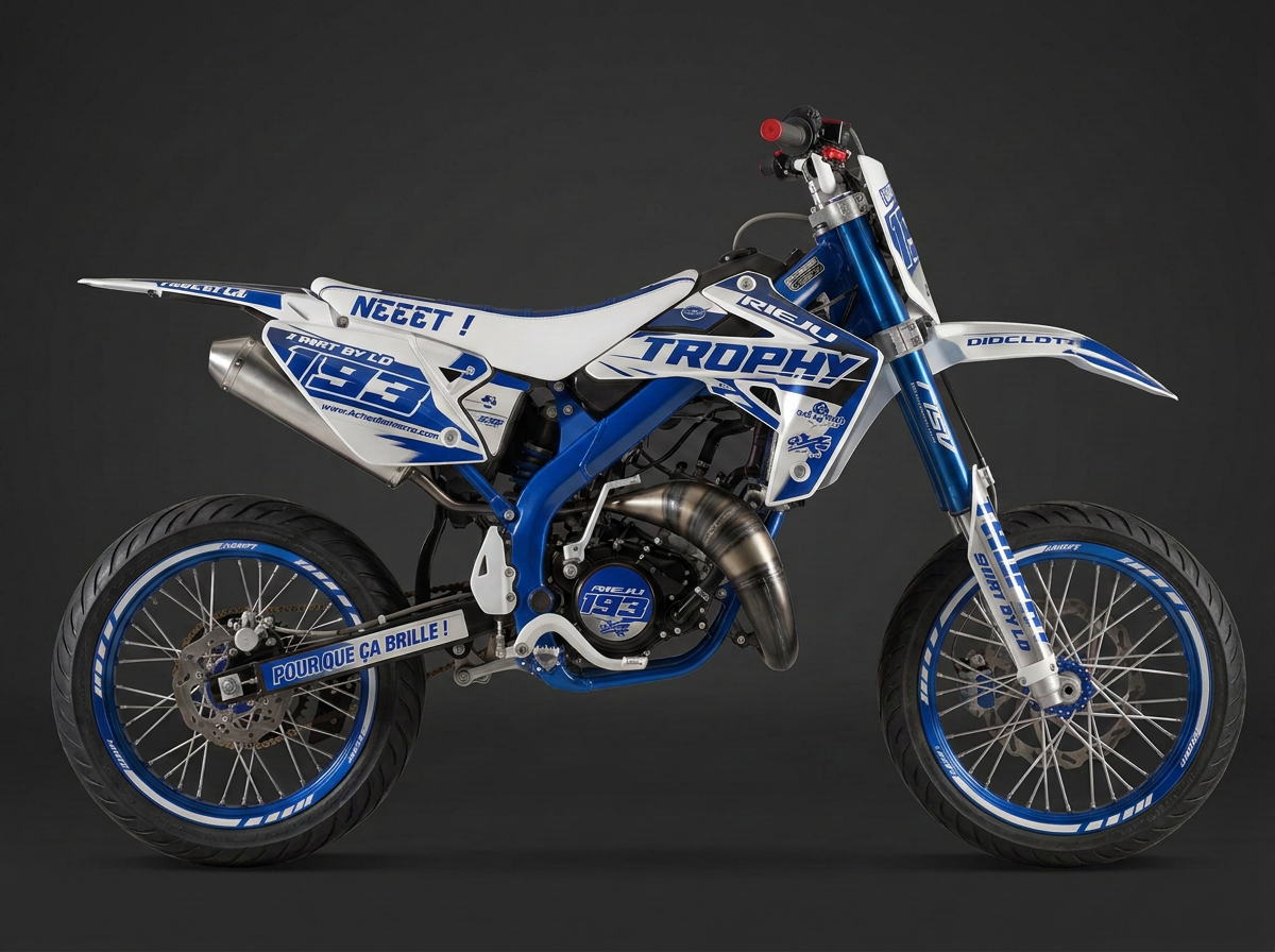 Kit déco Blue Thunder posé sur une moto 50cc supermotard, vue de profil