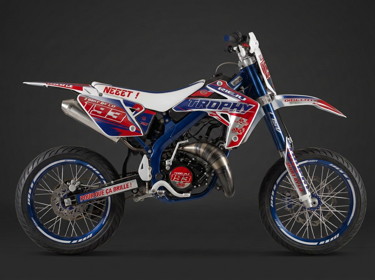 Kit déco Tricolore posé sur une moto 50cc supermotard, vue de profil