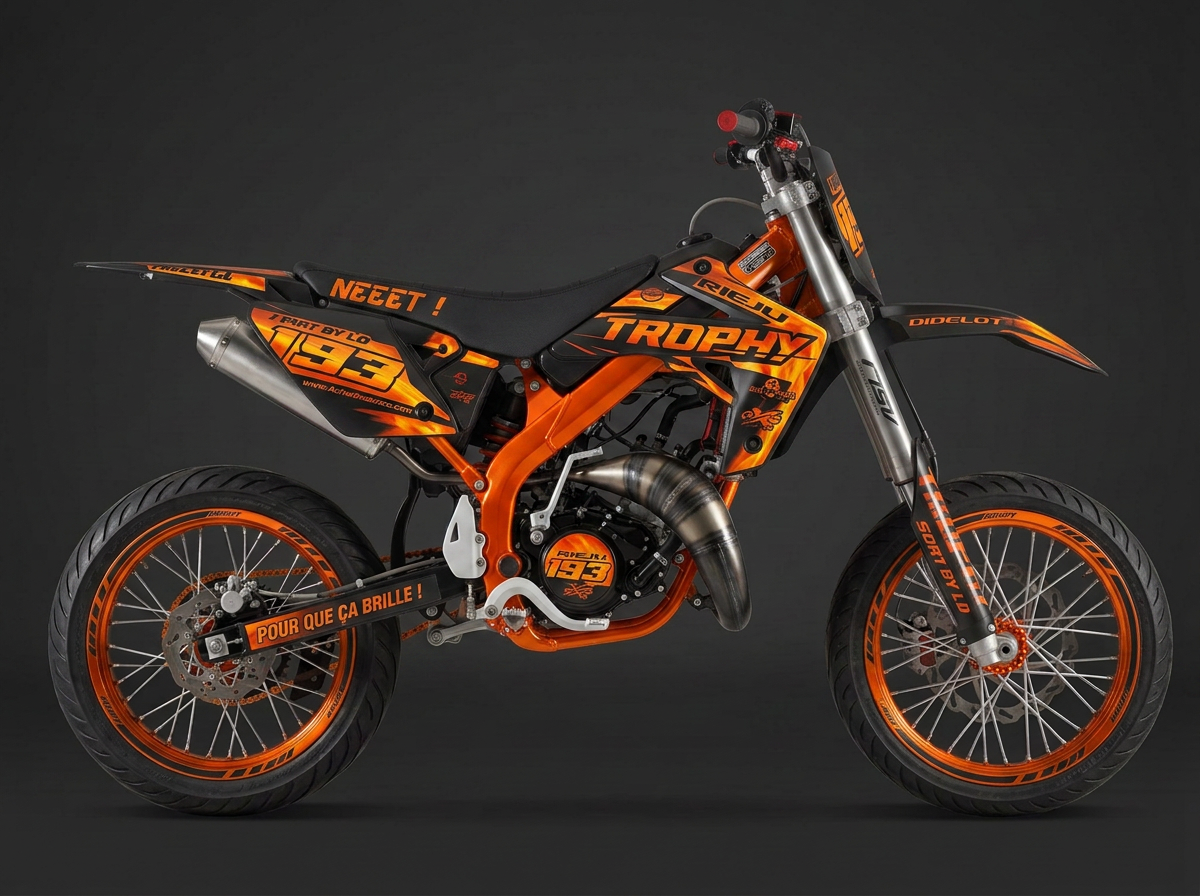 Kit déco Flammes posé sur une moto 50cc supermotard, vue de profil