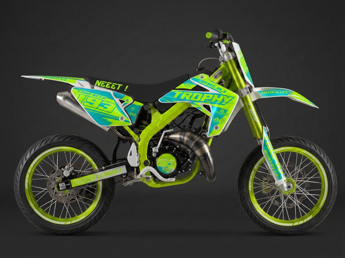 Kit déco Cross Fluo posé sur une moto 50cc supermotard, vue de profil