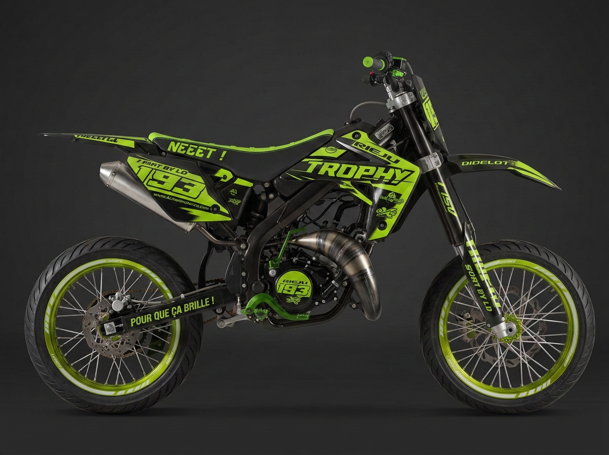 Kit déco Monster Green posé sur une moto 50cc supermotard, vue de profil