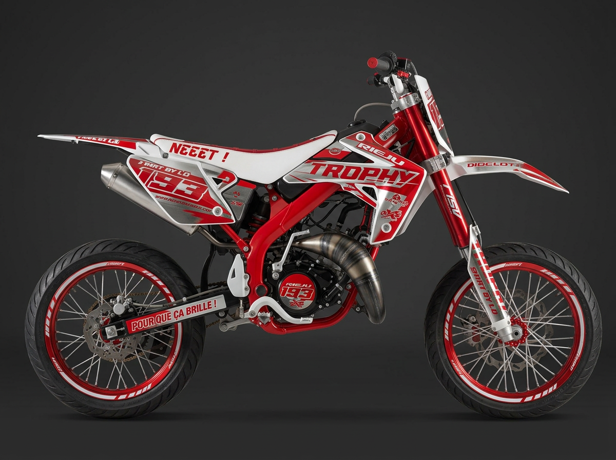 Kit déco Racing Rouge posé sur une moto 50cc supermotard, vue de profil