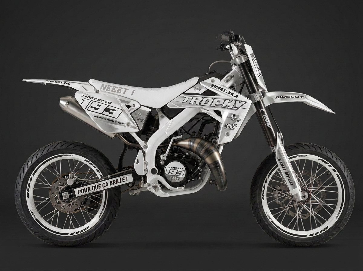 Kit déco Mono Blanc posé sur une moto 50cc supermotard, vue de profil