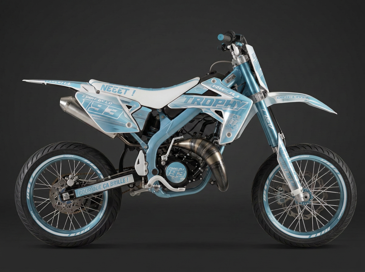 Kit déco Ice Blue posé sur une moto 50cc supermotard, vue de profil
