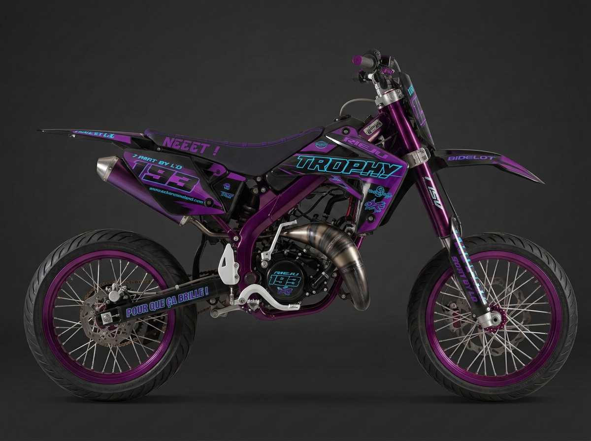Kit déco Néon Tuning posé sur une moto 50cc supermotard, vue de profil