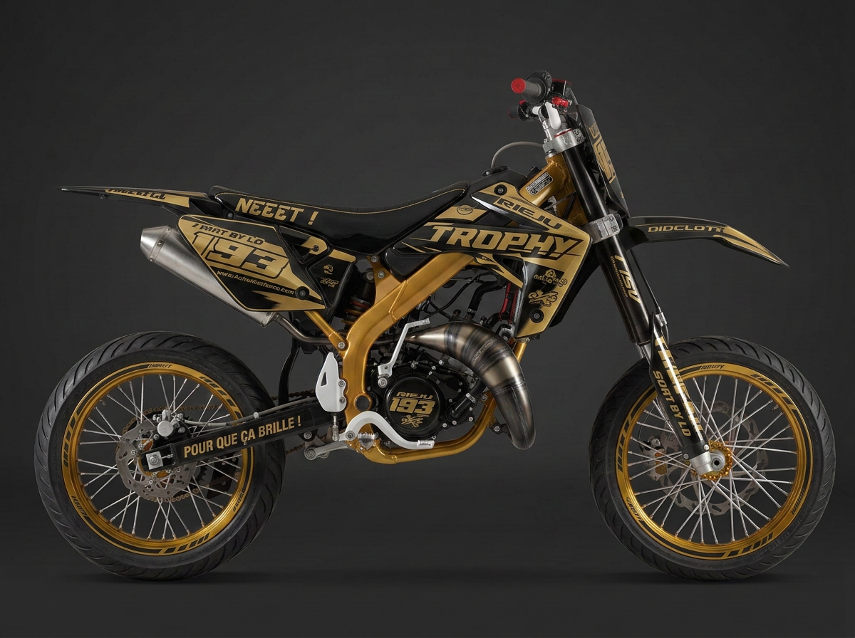Kit déco Gold Black posé sur une moto 50cc supermotard, vue de profil